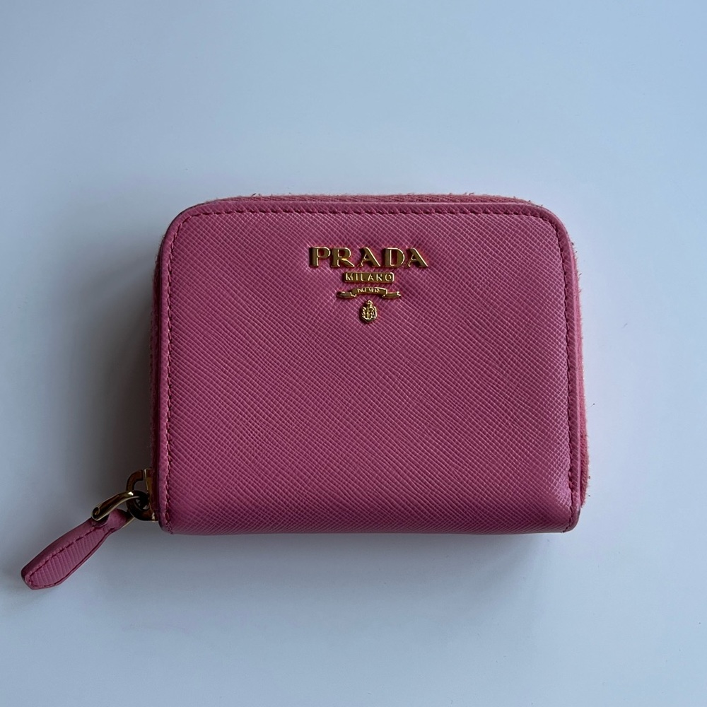Prada Geranio Pink Saffiano Leather Gold Small Zip Coin Wallet